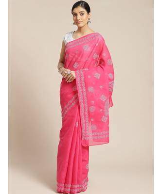 Ada Hand Embroidered Magenta Cotton Lucknow Chikan Women Saree With Blouse - A311183 1