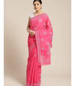 Ada Hand Embroidered Magenta Cotton Lucknow Chikan Women Saree With Blouse - A311183