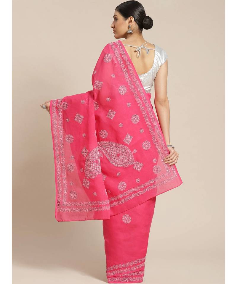 Ada Hand Embroidered Magenta Cotton Lucknow Chikan Women Saree With Blouse - A311183