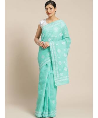Ada Hand Embroidered Sea Green Cotton Lucknow Chikan Women Saree With Blouse - A311143 1