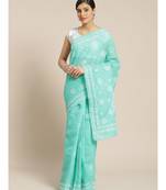 Ada Hand Embroidered Sea Green Cotton Lucknow Chikan Women Saree With Blouse - A311143