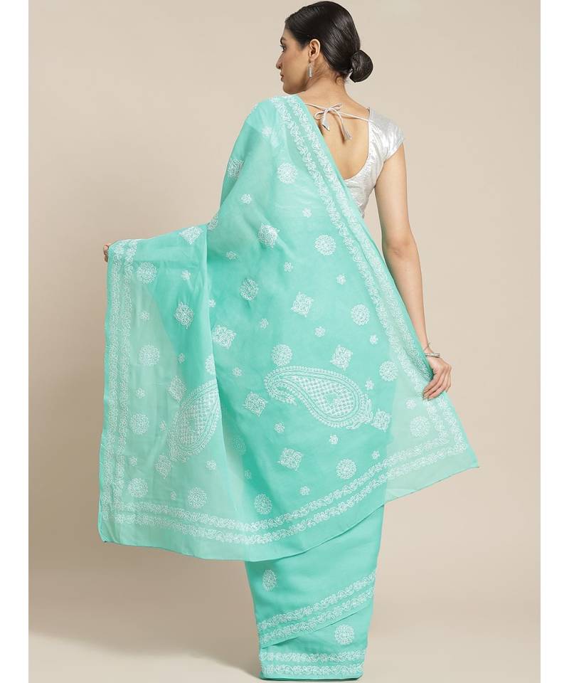 Ada Hand Embroidered Sea Green Cotton Lucknow Chikan Women Saree With Blouse - A311143