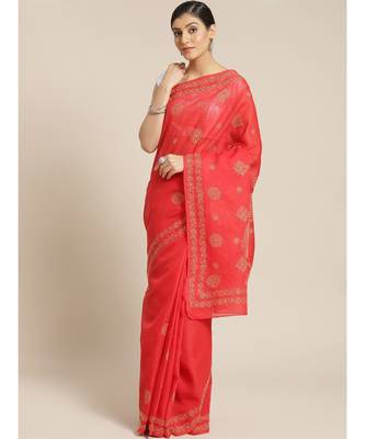Ada Hand Embroidered Red Cotton Chikan Women Saree With Blouse - A311139 1