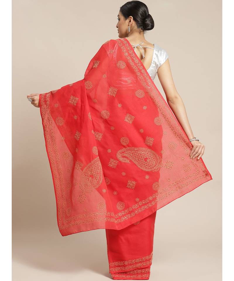 Ada Hand Embroidered Red Cotton Chikan Women Saree With Blouse - A311139