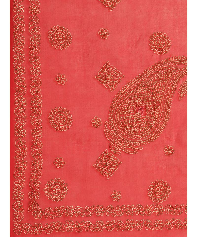 Ada Hand Embroidered Red Cotton Chikan Women Saree With Blouse - A311139