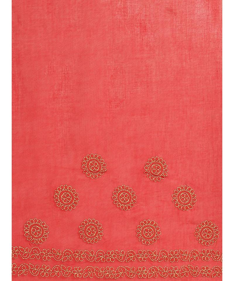 Ada Hand Embroidered Red Cotton Chikan Women Saree With Blouse - A311139