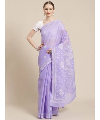 Ada Hand Embroidered Lavender Cotton Lucknow Chikan Saree With Blouse-A311249 1