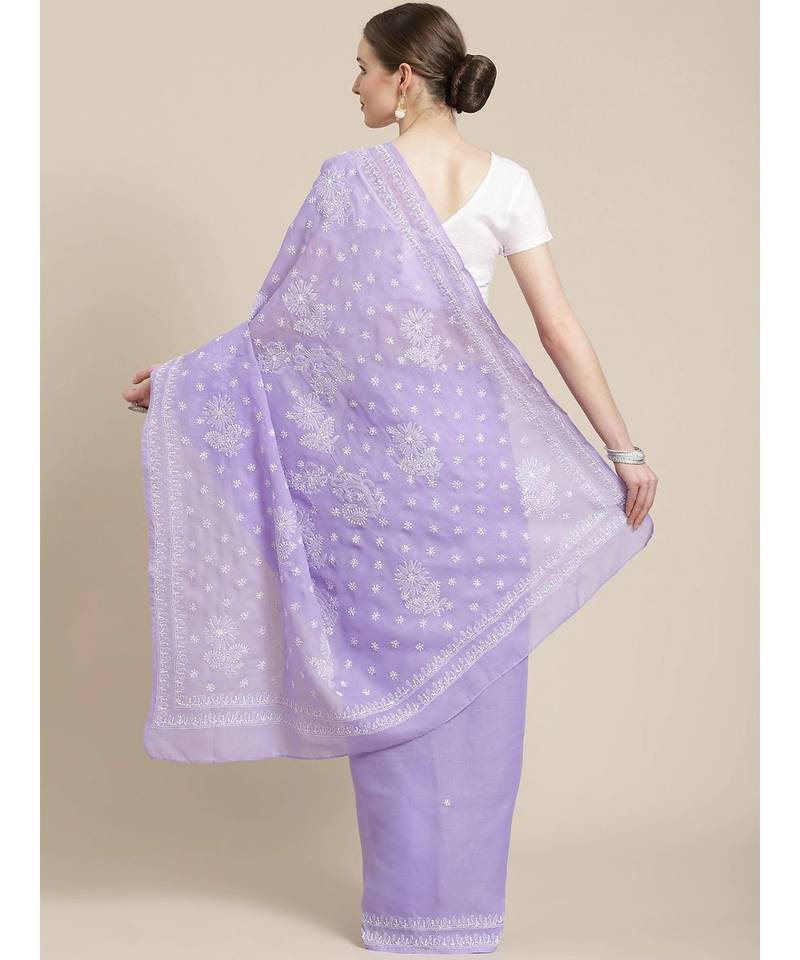Ada Hand Embroidered Lavender Cotton Lucknow Chikan Saree With Blouse-A311249