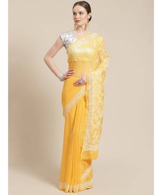 Ada Hand Embroidered Mustard Georgette Lucknow Chikan Saree With Blouse- A483332 1