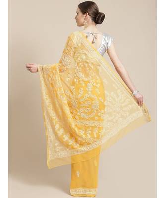 Ada Hand Embroidered Mustard Georgette Lucknow Chikan Saree With Blouse- A483332 2