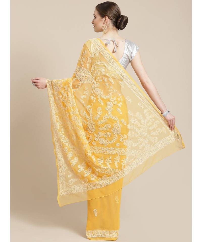 Ada Hand Embroidered Mustard Georgette Lucknow Chikan Saree With Blouse- A483332