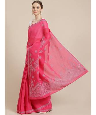 Ada Hand Embroidered Magenta Cotton Lucknow Chikan Saree With Blouse- A311155 1