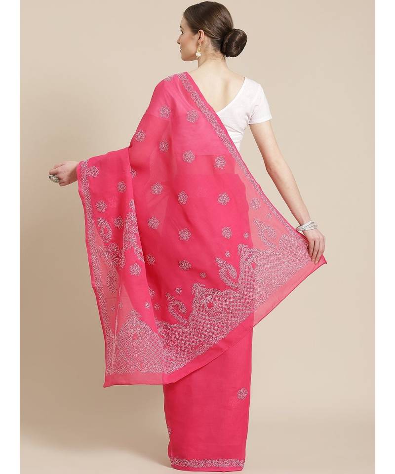 Ada Hand Embroidered Magenta Cotton Lucknow Chikan Saree With Blouse- A311155