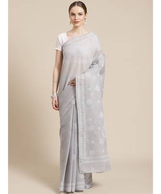 Ada Hand Embroidered Grey Cotton Chikankari Women Saree With Blouse   A311230 1