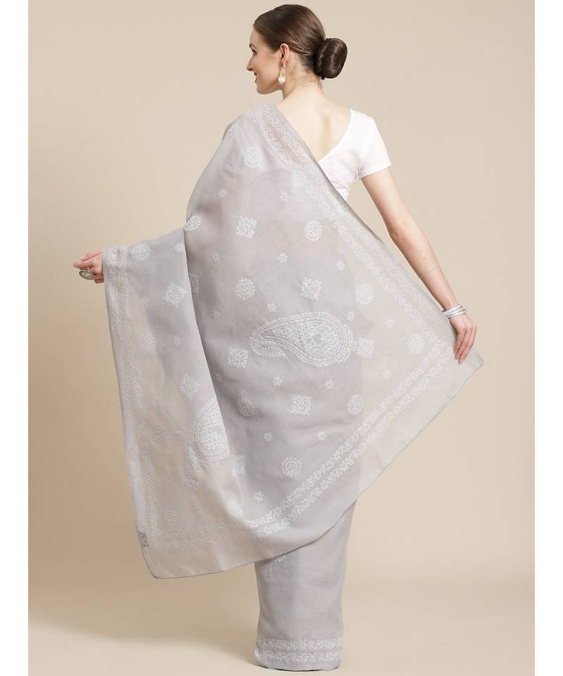 Ada Hand Embroidered Grey Cotton Chikankari Women Saree With Blouse   A311230
