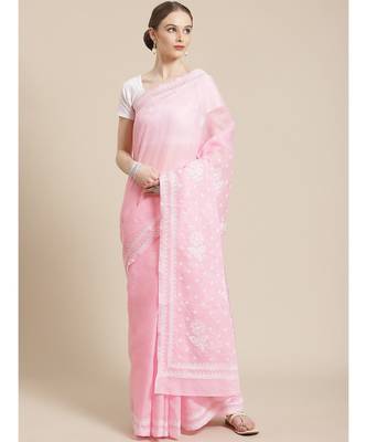 Ada Hand Embroidered Pink Cotton Lucknow Chikan Women Saree With Blouse - A311252 1