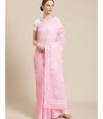 Ada Hand Embroidered Pink Cotton Lucknow Chikan Women Saree With Blouse - A311252