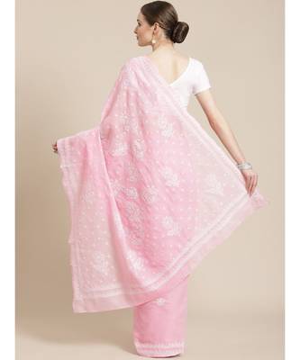 Ada Hand Embroidered Pink Cotton Lucknow Chikan Women Saree With Blouse - A311252 2