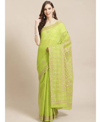 Ada Hand Embroidered Green Cotton Lucknow Chikan Women Saree With Blouse - A311204 1
