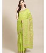Ada Hand Embroidered Green Cotton Lucknow Chikan Women Saree With Blouse - A311204