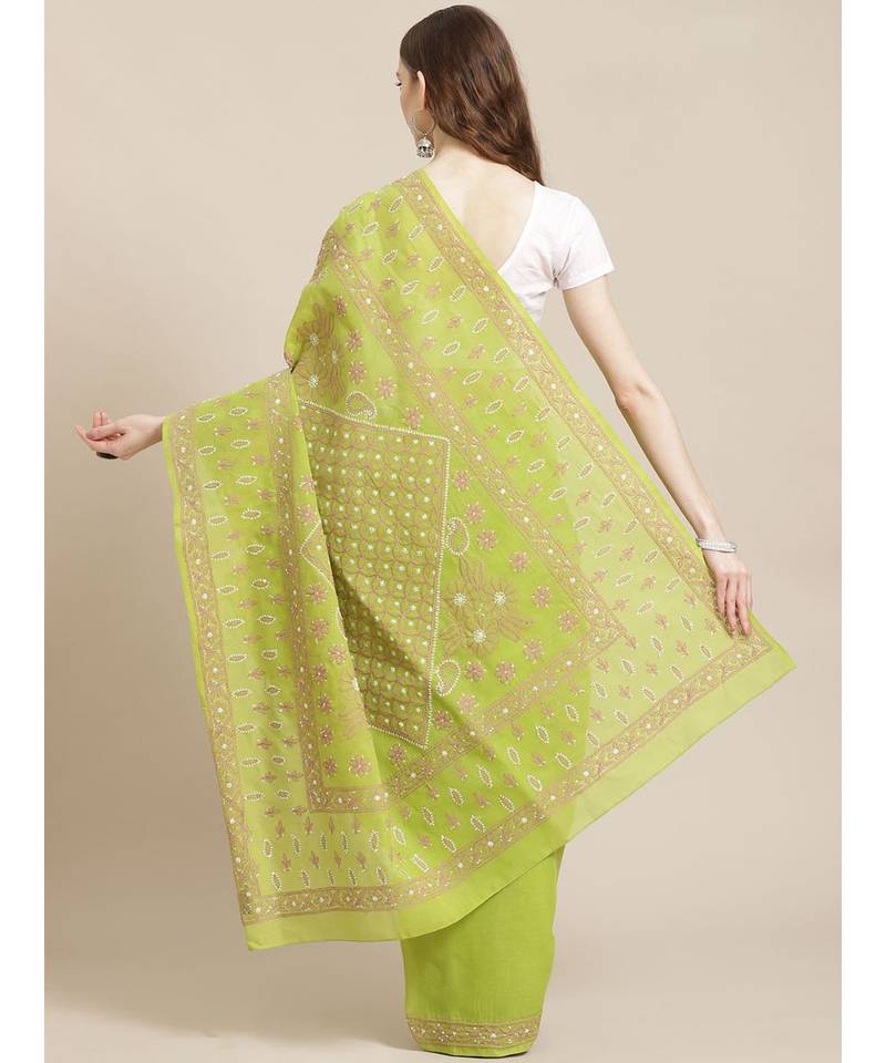 Ada Hand Embroidered Green Cotton Lucknow Chikan Women Saree With Blouse - A311204