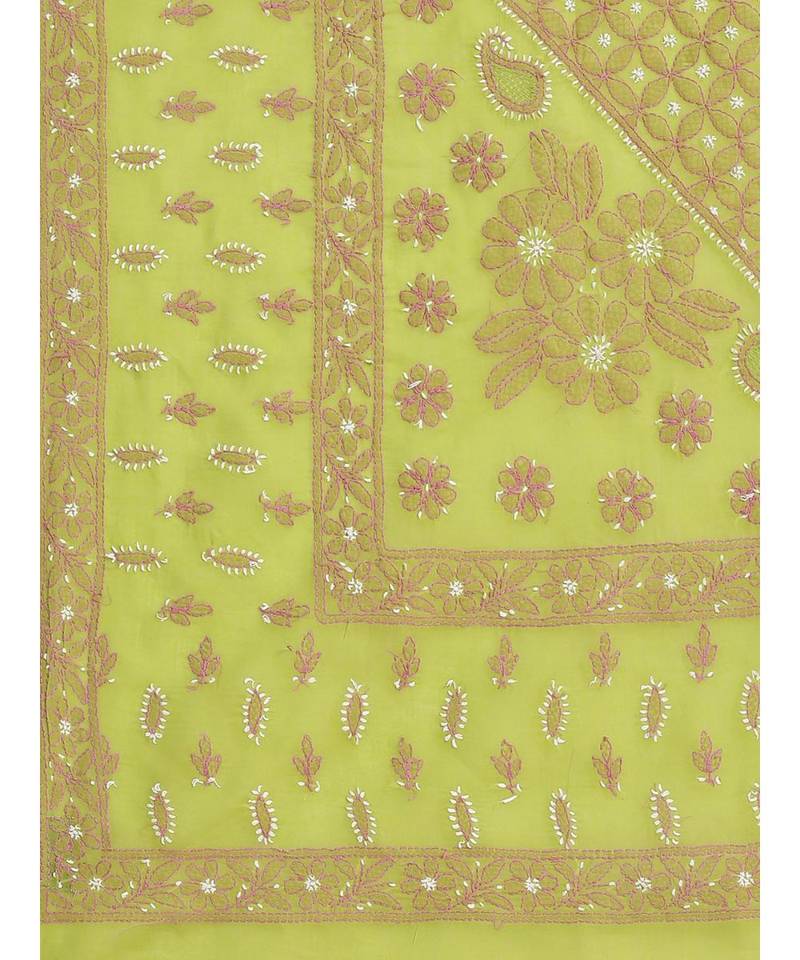 Ada Hand Embroidered Green Cotton Lucknow Chikan Women Saree With Blouse - A311204