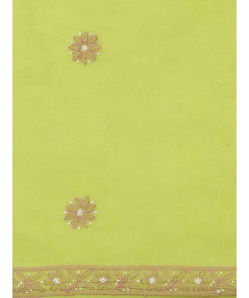 Ada Hand Embroidered Green Cotton Lucknow Chikan Women Saree With Blouse - A311204