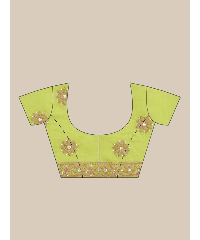 Ada Hand Embroidered Green Cotton Lucknow Chikan Women Saree With Blouse - A311204