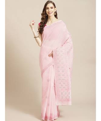 Ada Hand Embroidered Pink Cotton Lucknow Chikan Saree With Blouse-A311211 1