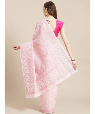 Ada Hand Embroidered Pink Cotton Lucknow Chikan Saree With Blouse-A311211 2