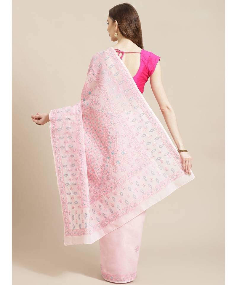 Ada Hand Embroidered Pink Cotton Lucknow Chikan Saree With Blouse-A311211