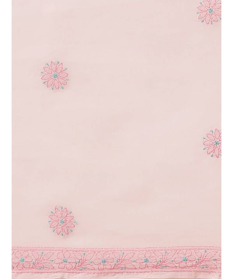 Ada Hand Embroidered Pink Cotton Lucknow Chikan Saree With Blouse-A311211