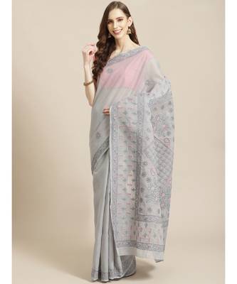Ada Hand Embroidered Grey Cotton Lucknow Chikan Women Saree With Blouse - A311209 1