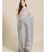 Ada Hand Embroidered Grey Cotton Lucknow Chikan Women Saree With Blouse - A311209