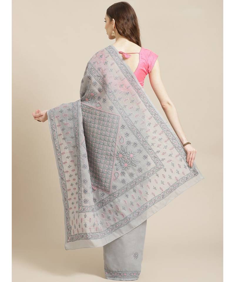 Ada Hand Embroidered Grey Cotton Lucknow Chikan Women Saree With Blouse - A311209