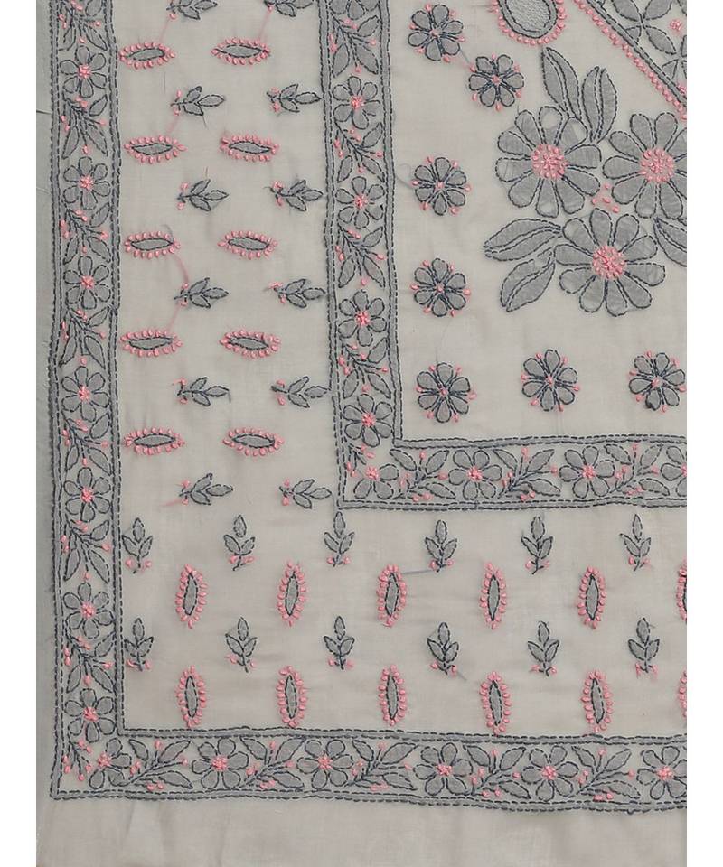 Ada Hand Embroidered Grey Cotton Lucknow Chikan Women Saree With Blouse - A311209
