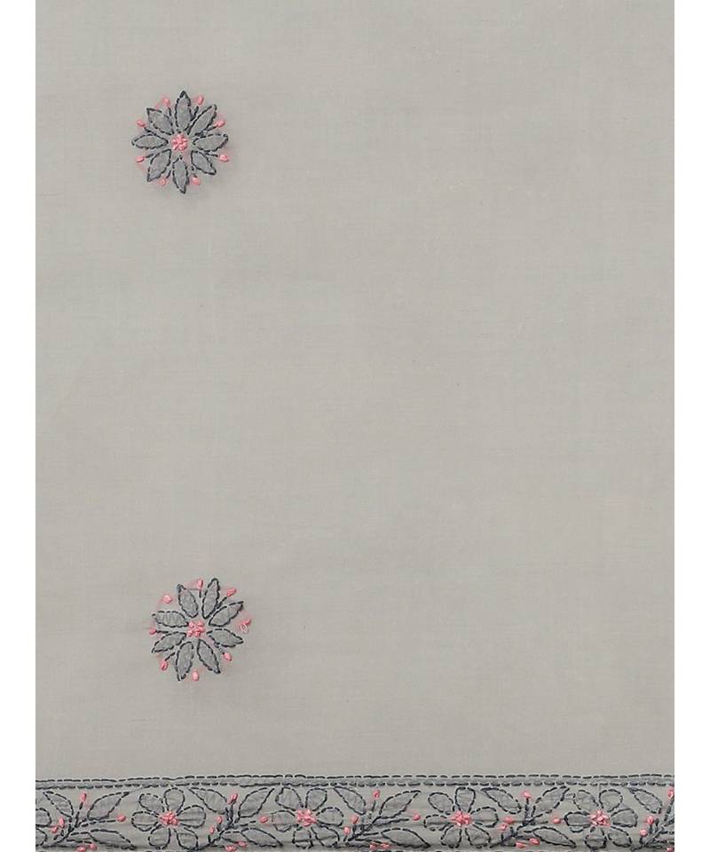 Ada Hand Embroidered Grey Cotton Lucknow Chikan Women Saree With Blouse - A311209