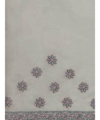 Ada Hand Embroidered Grey Cotton Lucknow Chikan Women Saree With Blouse - A311209 5