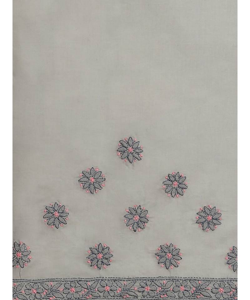 Ada Hand Embroidered Grey Cotton Lucknow Chikan Women Saree With Blouse - A311209