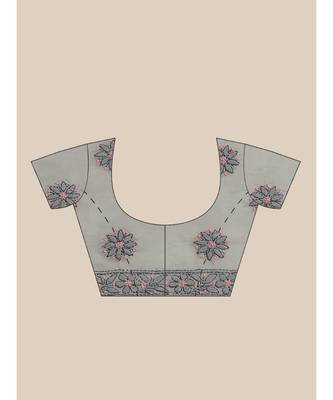 Ada Hand Embroidered Grey Cotton Lucknow Chikan Women Saree With Blouse - A311209 6