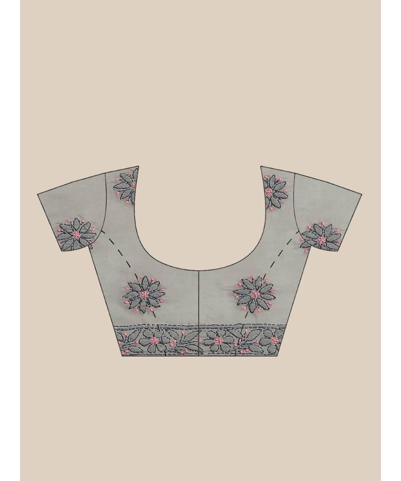 Ada Hand Embroidered Grey Cotton Lucknow Chikan Women Saree With Blouse - A311209