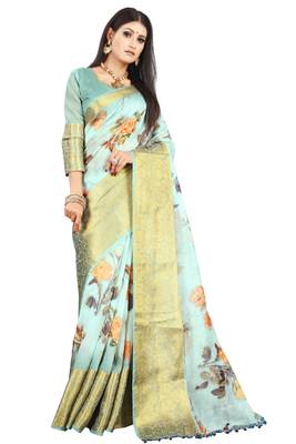 blue artsilk floralprint  sarees 1