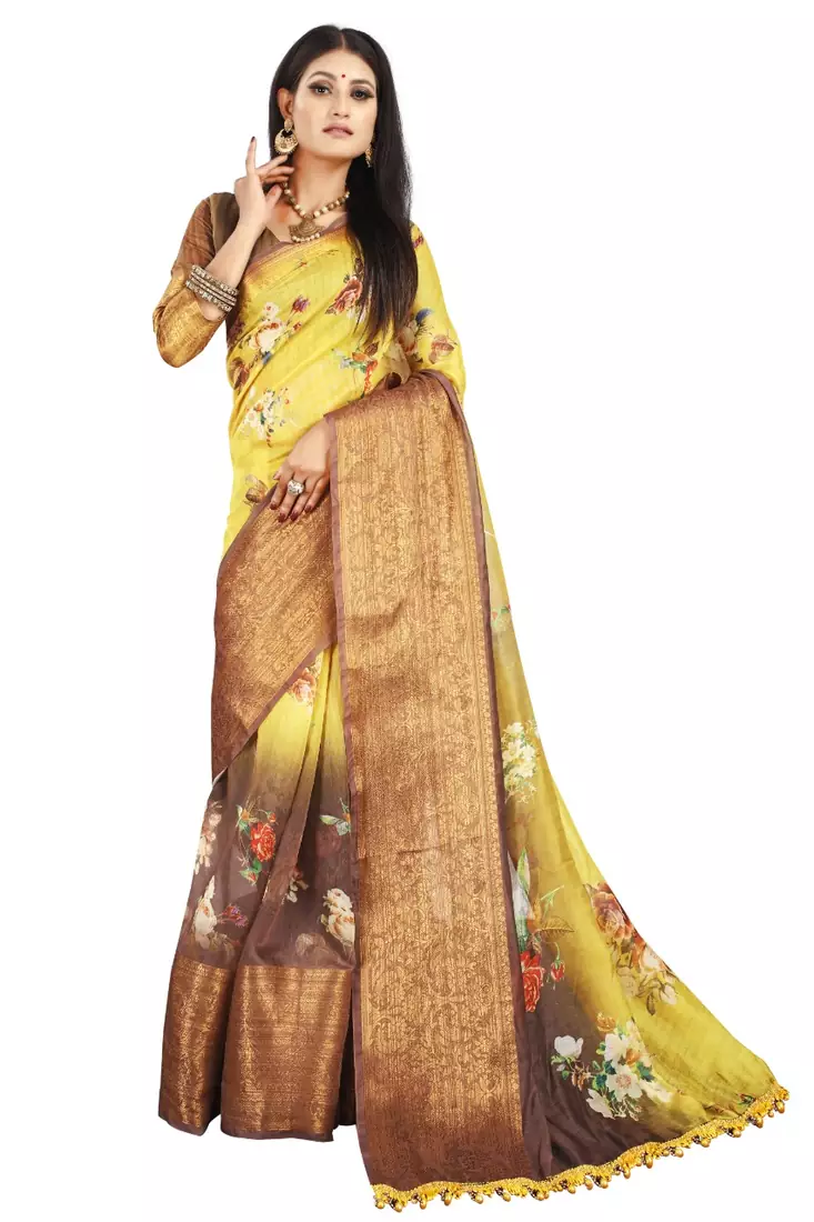 yellow artsilk floralprint  sarees