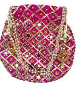 Wristlets Ethnic Potli For Women Party Wear Designer Matka Rajasthani Style Royal Mirror Work Potli Bags - Dark Pink