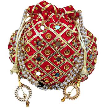 Wristlets Ethnic Potli For Women Party Wear Designer Matka Rajasthani Style Royal Mirror Work Potli Bags - Red 2