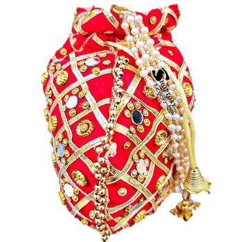 Wristlets Ethnic Potli For Women Party Wear Designer Matka Rajasthani Style Royal Mirror Work Potli Bags - Red 3