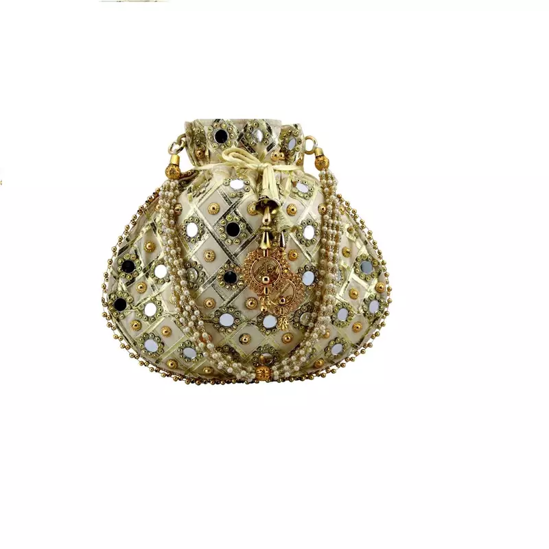 Wristlets Ethnic Potli For Women Party Wear Designer Matka Rajasthani Style Royal Mirror Work Potli Bags - Golden