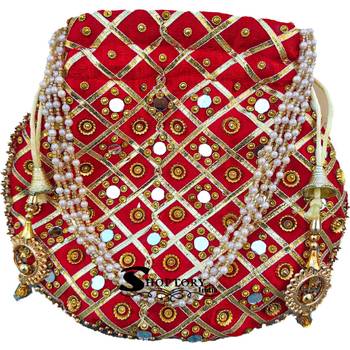 Wristlets Ethnic Potli For Women Party Wear Designer Matka Rajasthani Style Royal Mirror Work Potli Bags - Red 4
