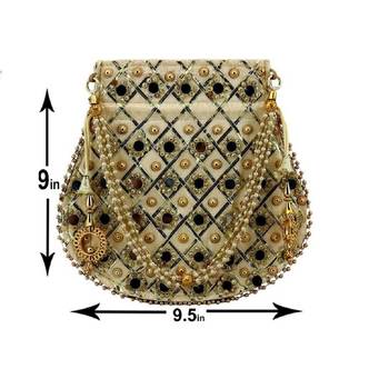 Wristlets Ethnic Potli For Women Party Wear Designer Matka Rajasthani Style Royal Mirror Work Potli Bags - Golden 2