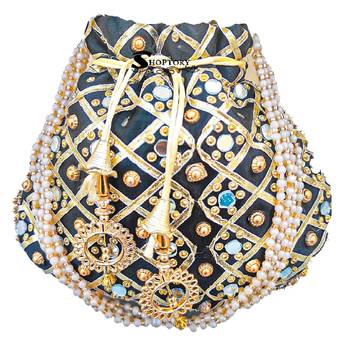 Wristlets Ethnic Potli For Women Party Wear Designer Matka Rajasthani Style Royal Mirror Work Potli Bags - Black 1